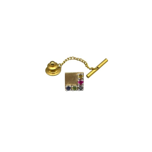 14K Gold Tie Tack or Lapel Pin with Genuine Gemstones Mens Jewelry Accessory - Picture 1 of 7